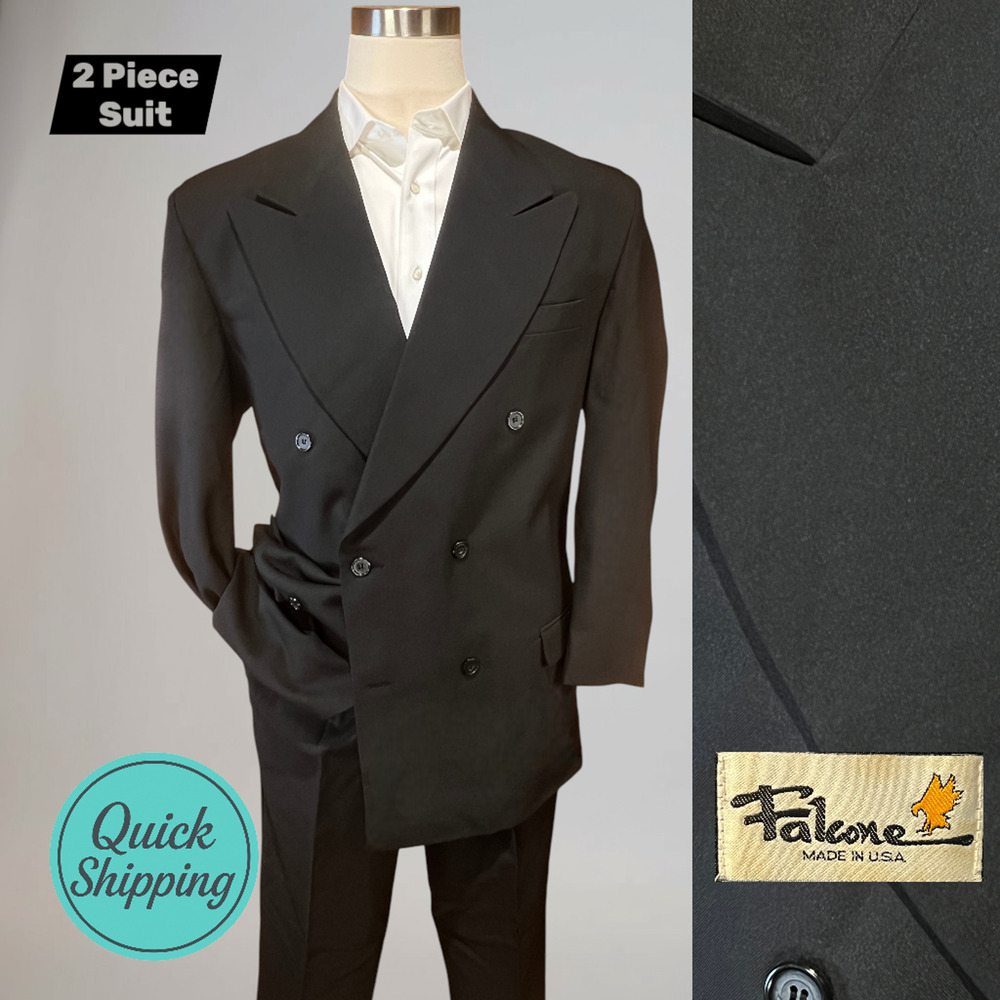 Vintage Falcone 42L 34x29 Black Double Breasted Power Suit